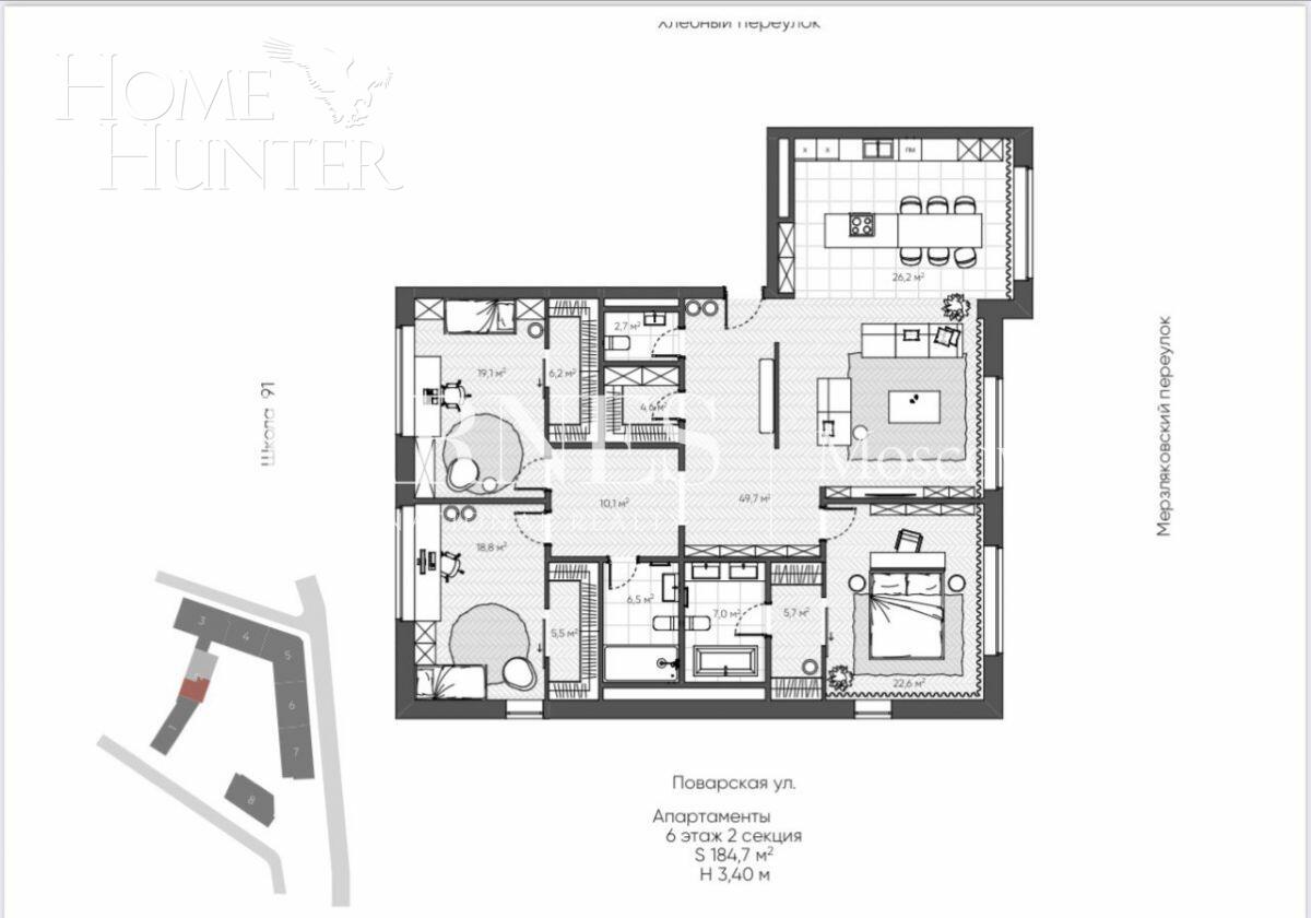 3-КОМН. АПАРТАМЕНТЫ БЕЗ ОТДЕЛКИ 184.7 М² НА 6 ЭТАЖЕ