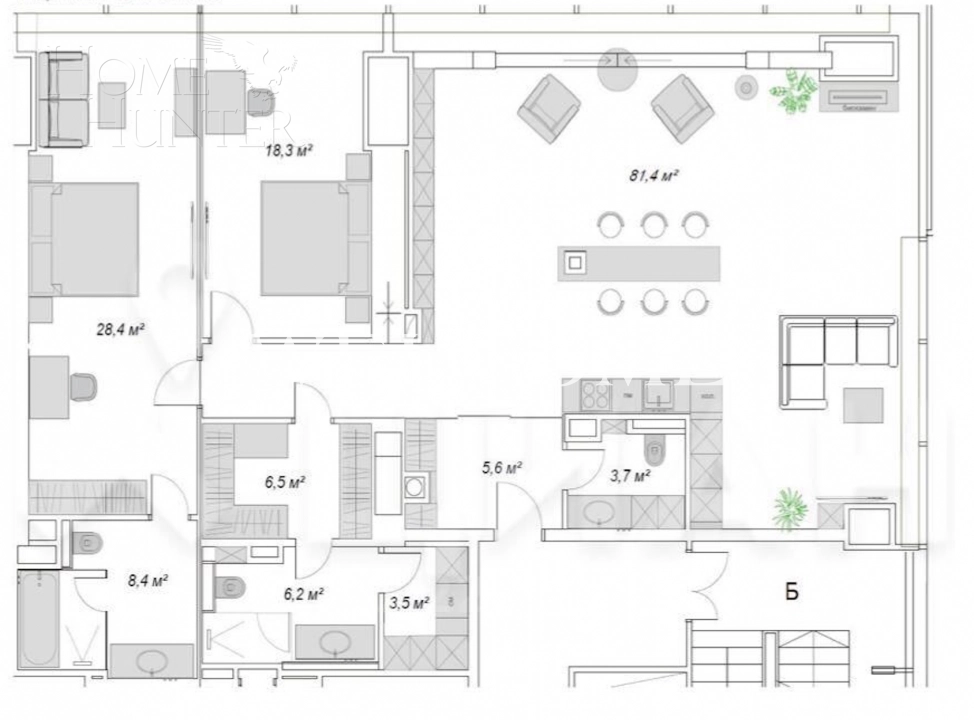 3-КОМН. АПАРТАМЕНТЫ БЕЗ ОТДЕЛКИ 171.2 М² НА 7 ЭТАЖЕ
