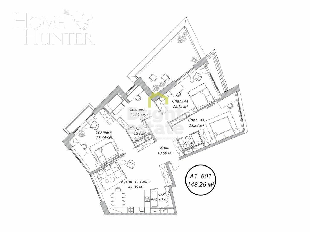 4-КОМН. АПАРТАМЕНТЫ БЕЗ ОТДЕЛКИ 148.26 М² НА 8 ЭТАЖЕ