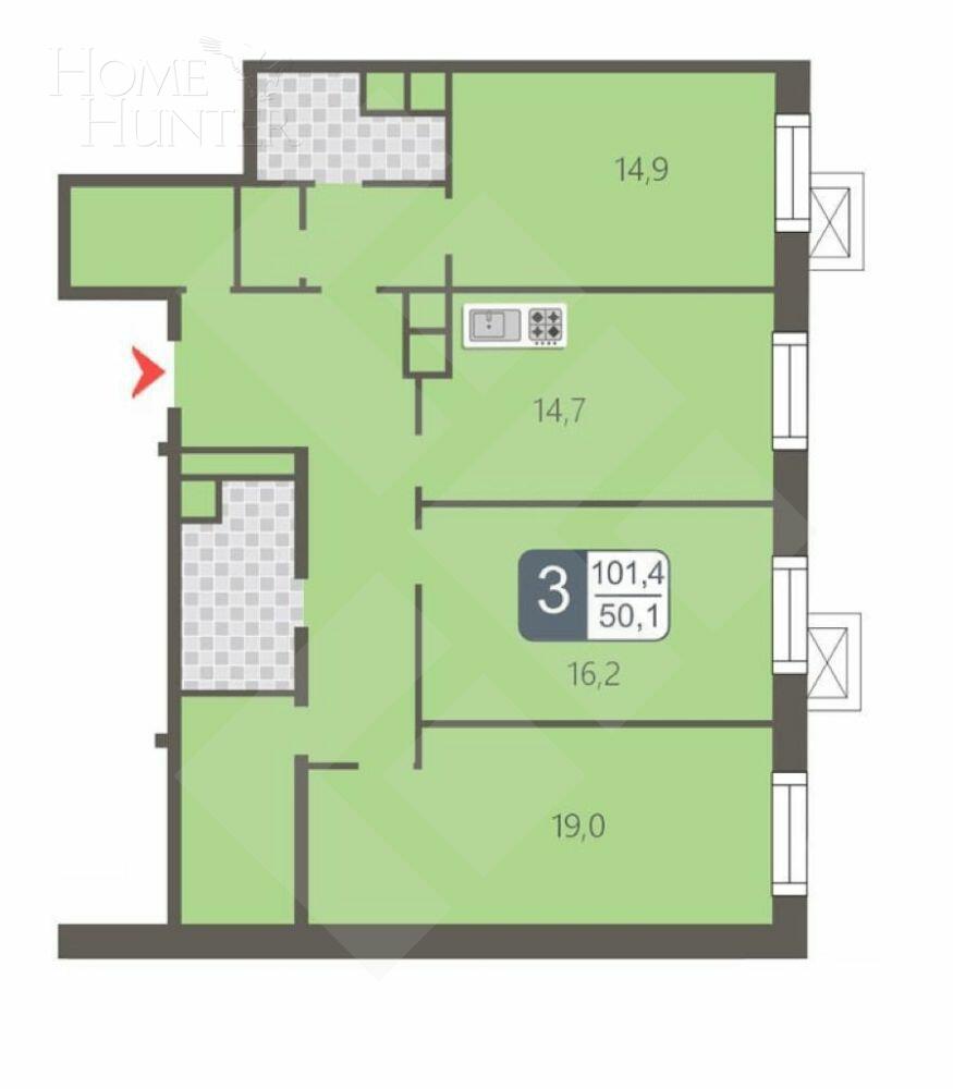 4-КОМН. КВАРТИРА БЕЗ ОТДЕЛКИ 101 М² НА 11 ЭТАЖЕ