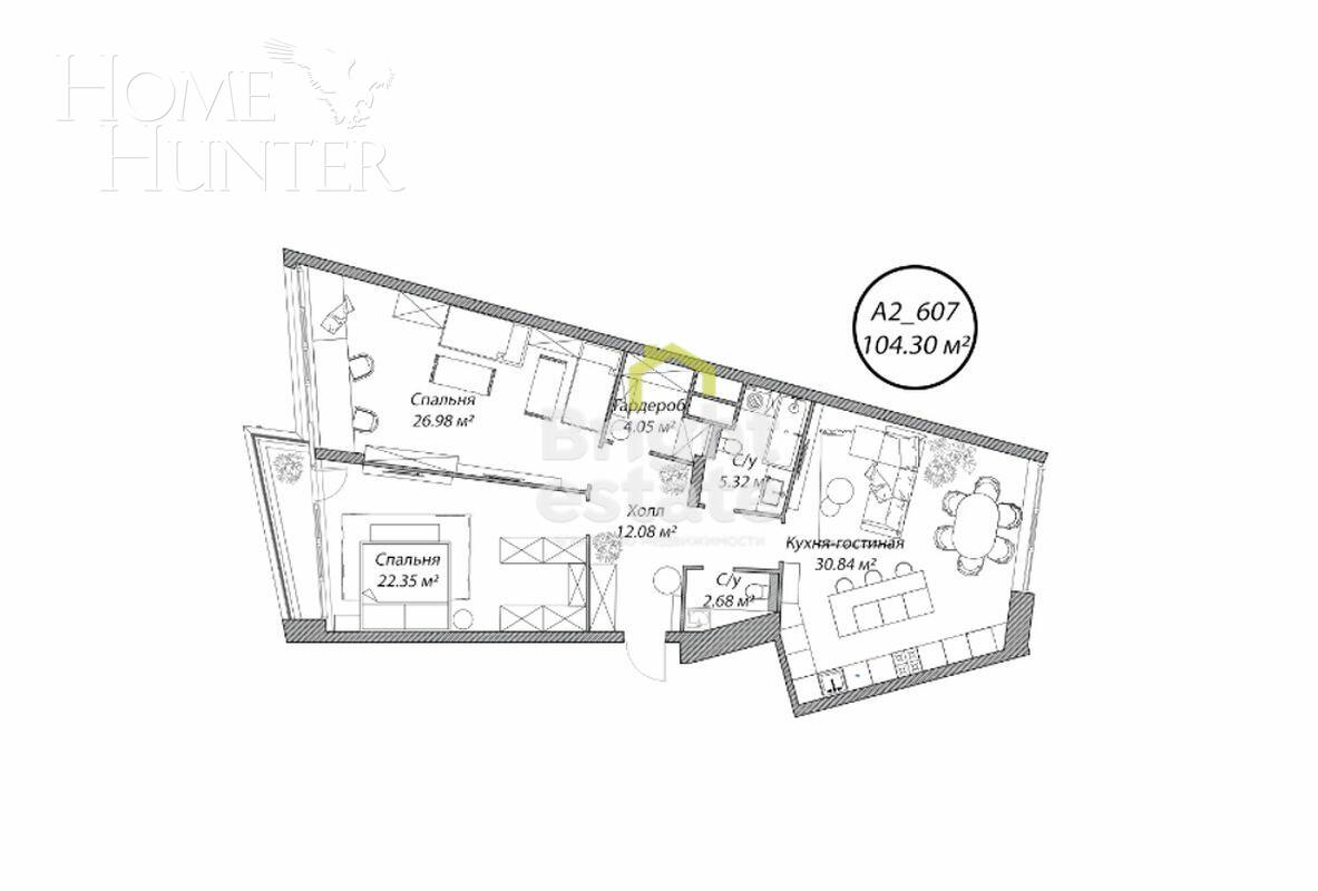 3-КОМН. АПАРТАМЕНТЫ БЕЗ ОТДЕЛКИ 104.3 М² НА 6 ЭТАЖЕ