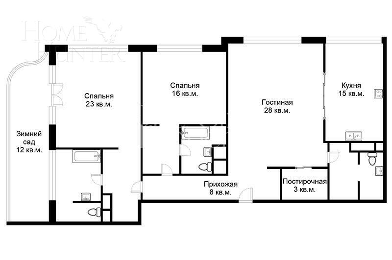4-КОМН. АПАРТАМЕНТЫ БЕЗ ОТДЕЛКИ 124 М² НА 11 ЭТАЖЕ