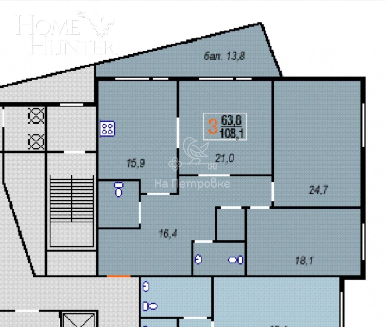 3-КОМН. КВАРТИРА БЕЗ ОТДЕЛКИ 108.1 М² НА 8 ЭТАЖЕ
