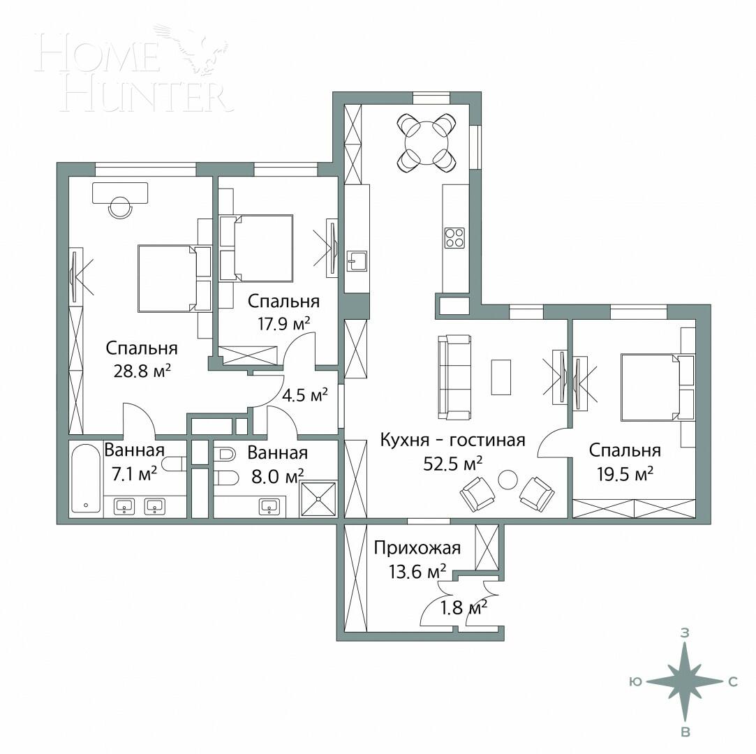 2-УРОВНЕВАЯ КВАРТИРА БЕЗ ОТДЕЛКИ 166 М² НА 5 ЭТАЖЕ