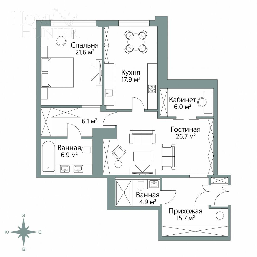 3-КОМН. КВАРТИРА БЕЗ ОТДЕЛКИ 106 М² НА 1 ЭТАЖЕ