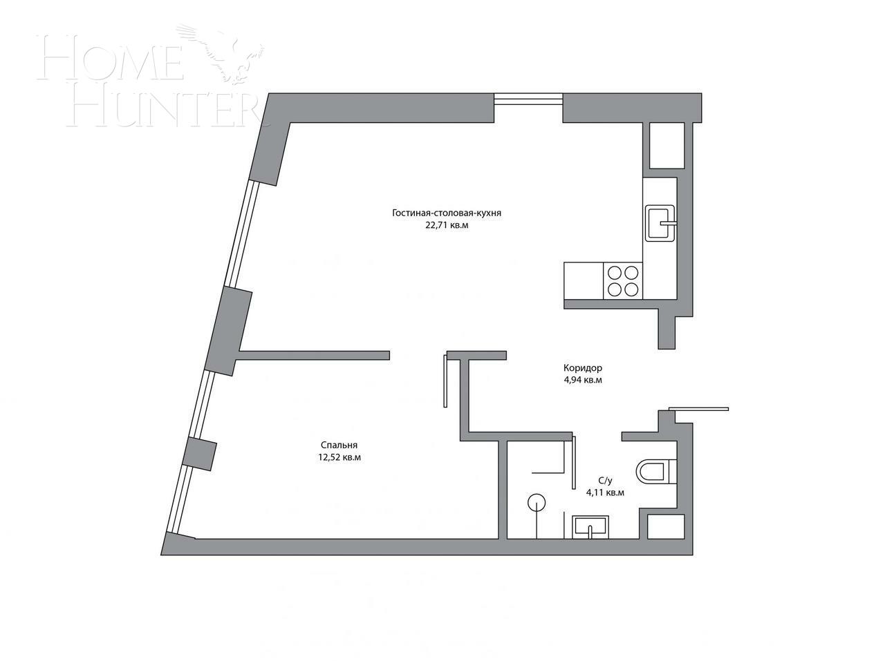 2-КОМН. АПАРТАМЕНТЫ БЕЗ ОТДЕЛКИ 44.3 М² НА 3 ЭТАЖЕ