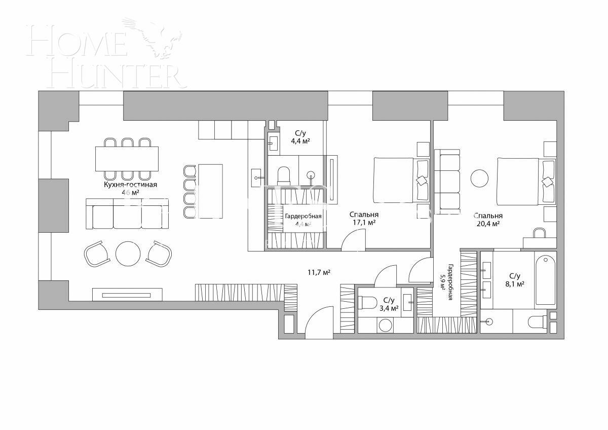 3-КОМН. КВАРТИРА БЕЗ ОТДЕЛКИ 124 М² НА 4 ЭТАЖЕ
