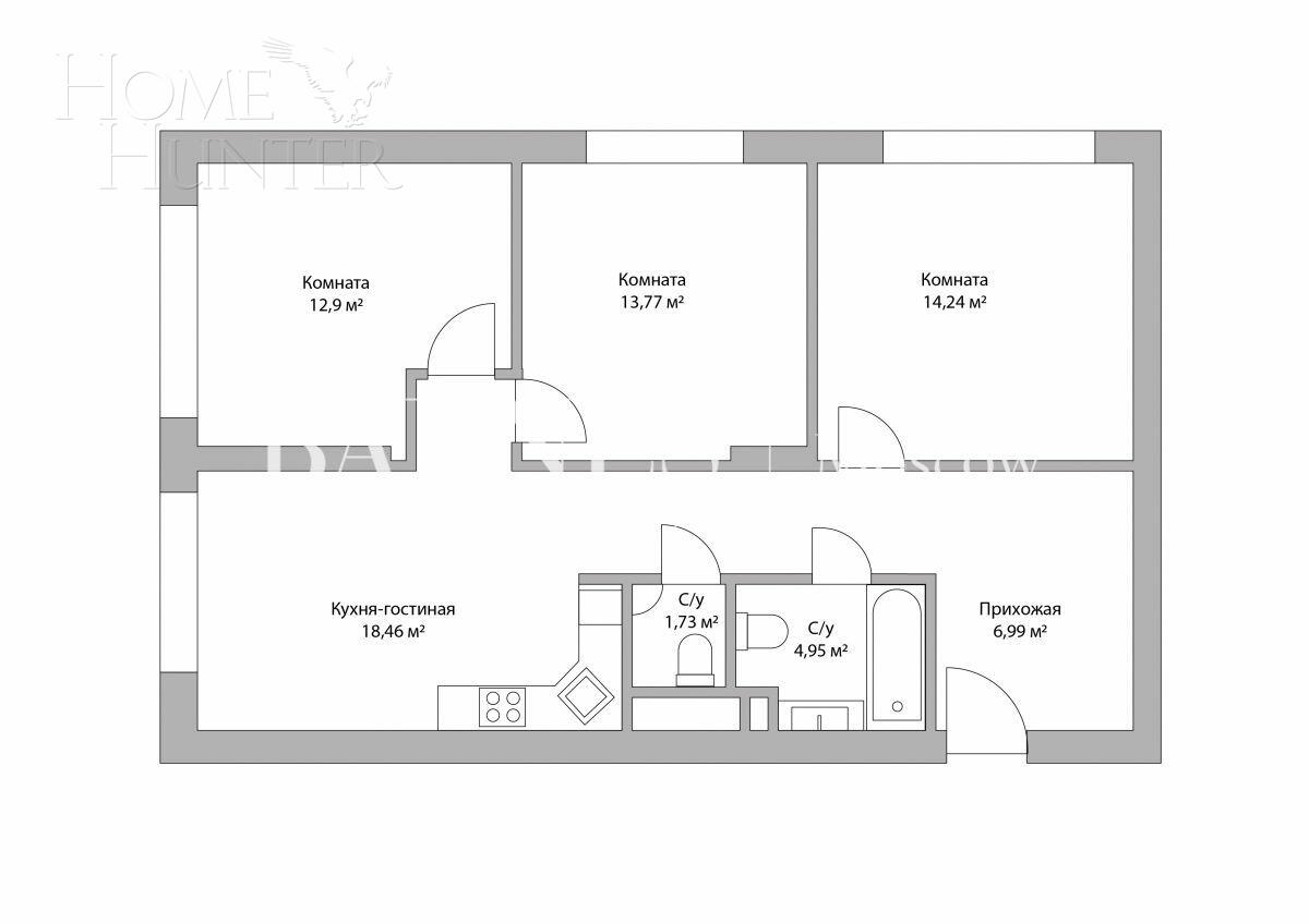 3-КОМН. КВАРТИРА БЕЗ ОТДЕЛКИ 80.34 М² НА 28 ЭТАЖЕ