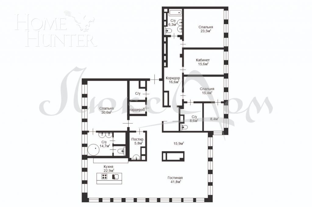6-КОМН. АПАРТАМЕНТЫ БЕЗ ОТДЕЛКИ 261.4 М² НА 5 ЭТАЖЕ