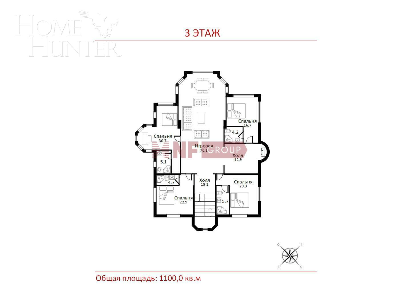 3-этажный коттедж 1 074 м² без отделки