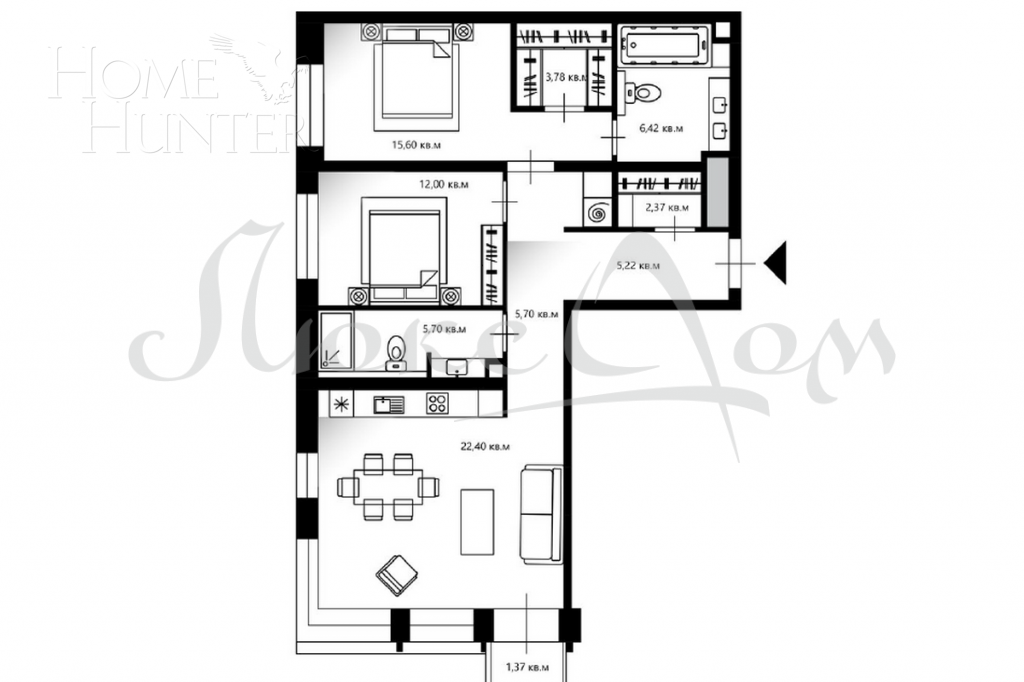 2-КОМН. КВАРТИРА С ОТДЕЛКОЙ 60 М² НА 8 ЭТАЖЕ