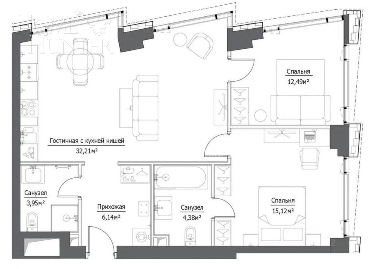 3-КОМН. КВАРТИРА БЕЗ ОТДЕЛКИ 80 М² НА 39 ЭТАЖЕ