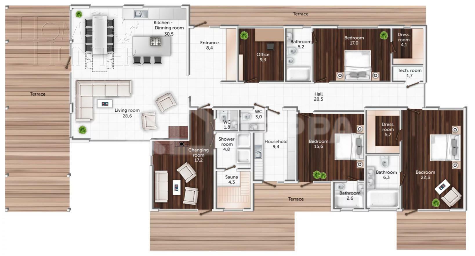 1-этажный коттедж 362 м² с отделкой