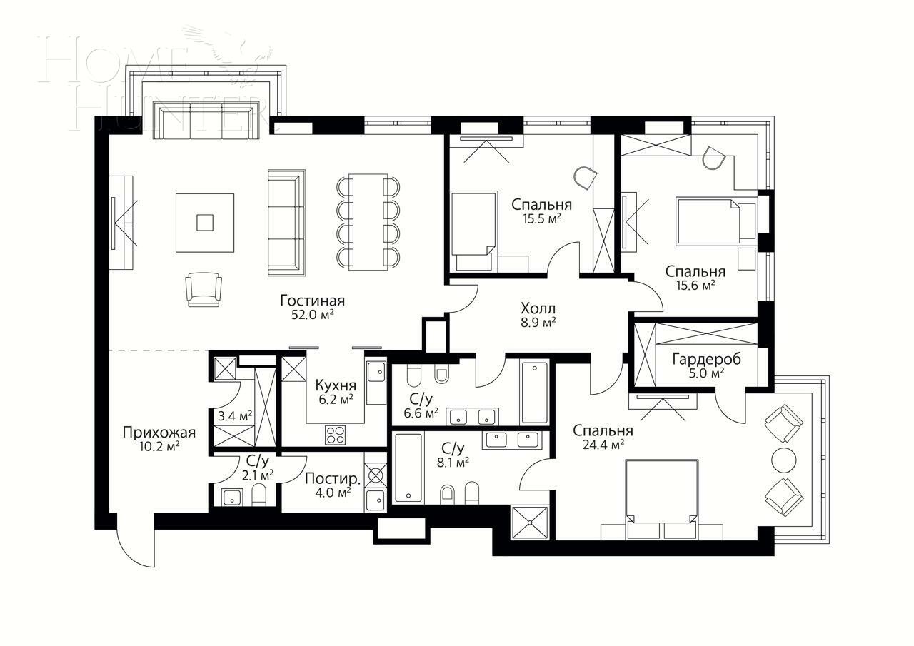 4-КОМН. КВАРТИРА С ОТДЕЛКОЙ 172 М² НА 4 ЭТАЖЕ