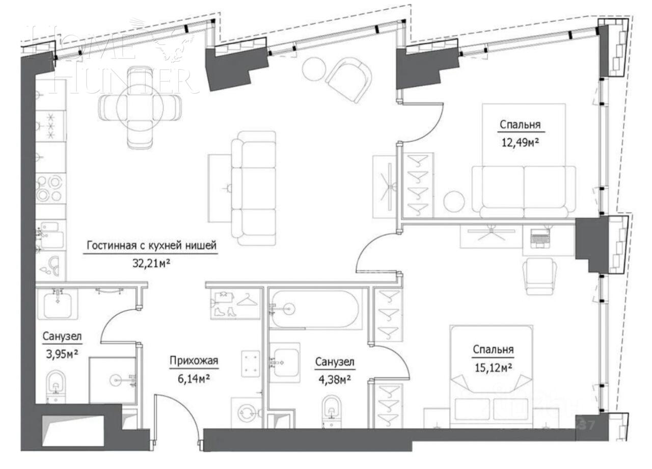 4-КОМН. КВАРТИРА БЕЗ ОТДЕЛКИ 104.2 М² НА 33 ЭТАЖЕ