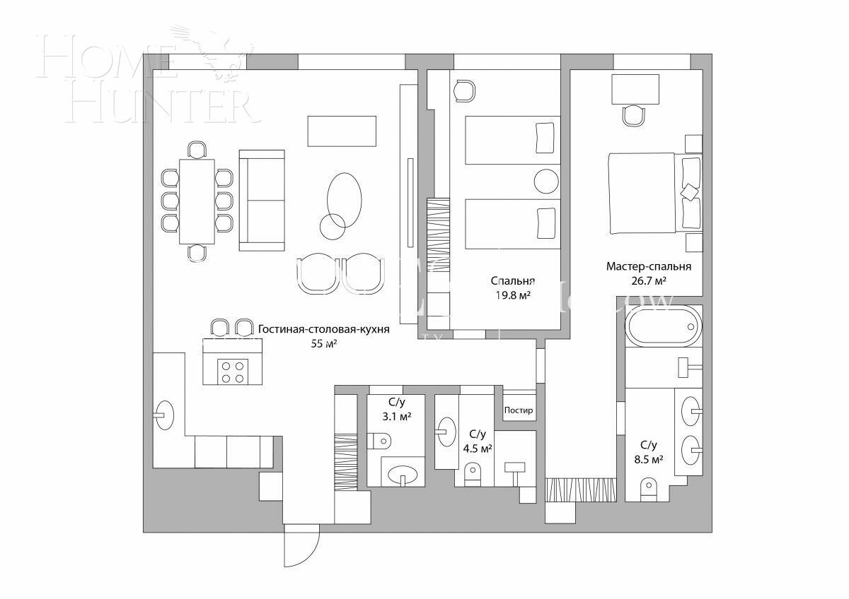 3-КОМН. АПАРТАМЕНТЫ С ОТДЕЛКОЙ 128.2 М² НА 18 ЭТАЖЕ