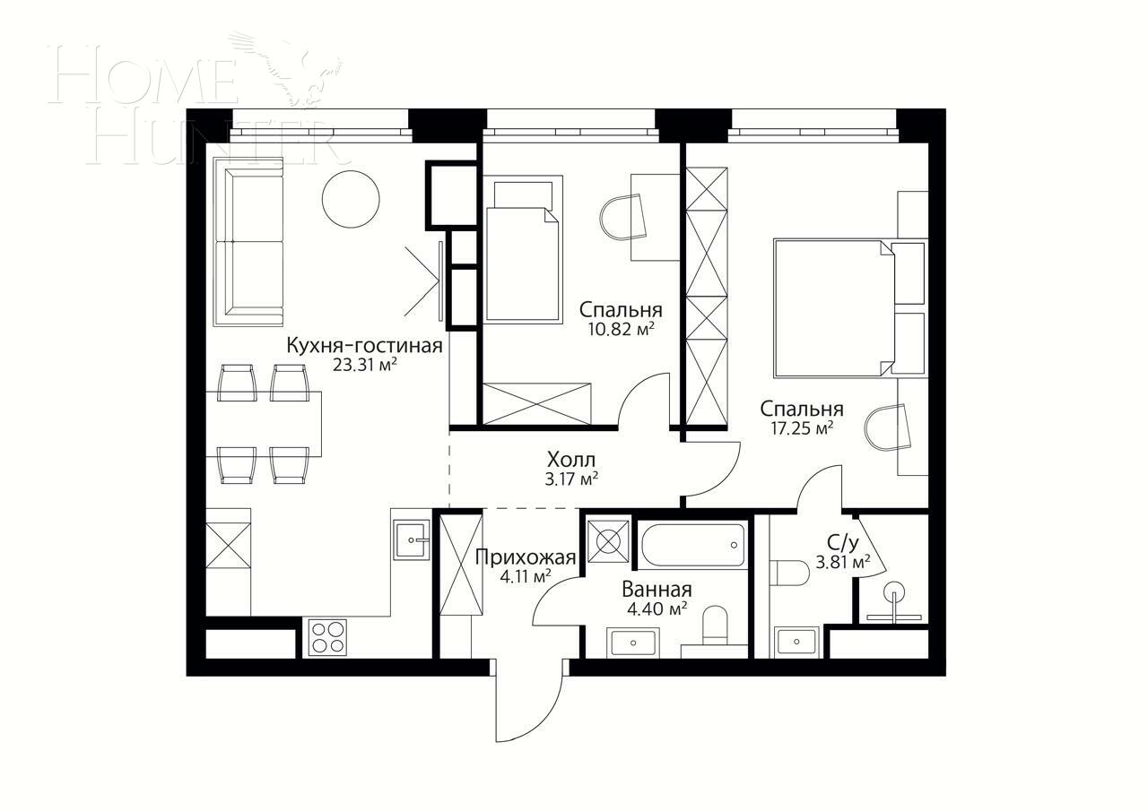 3-КОМН. ПЕНТХАУС С ОТДЕЛКОЙ 69 М² НА 20 ЭТАЖЕ