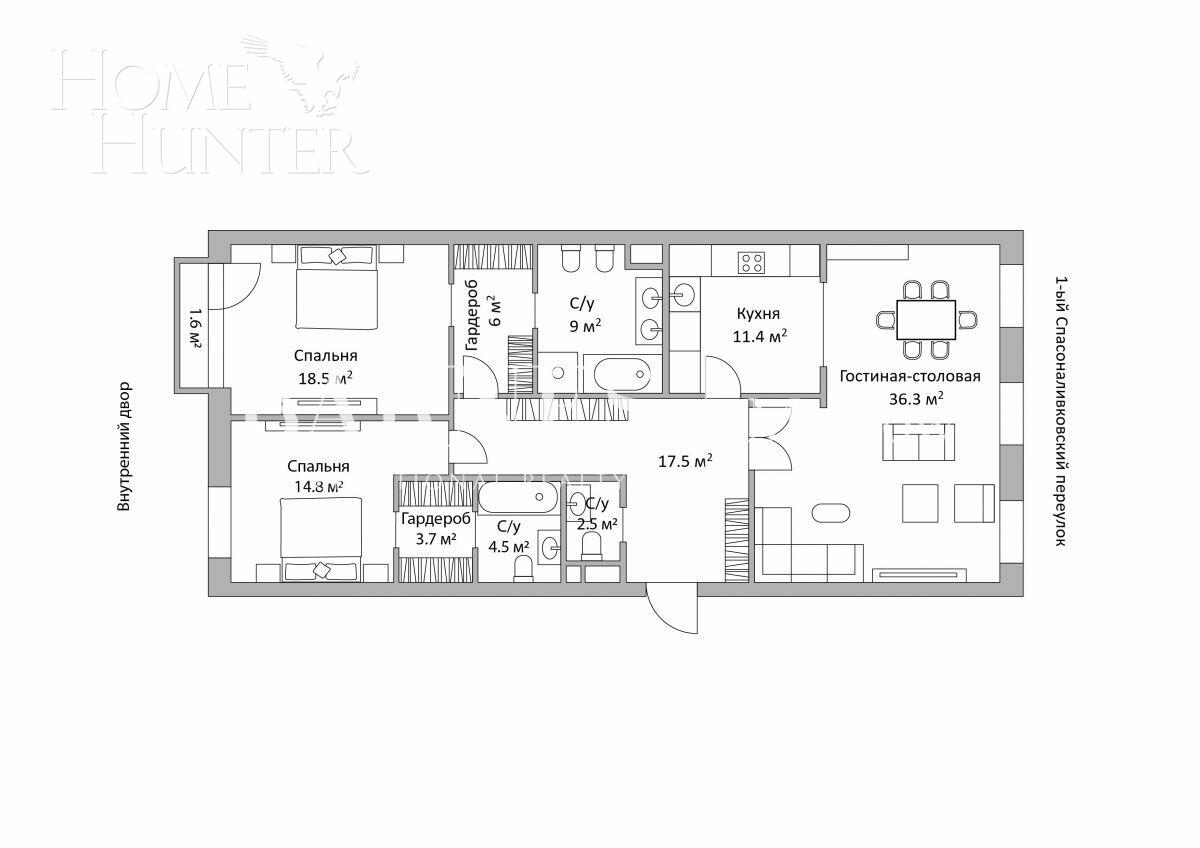3-КОМН. КВАРТИРА БЕЗ ОТДЕЛКИ 124.95 М² НА 5 ЭТАЖЕ