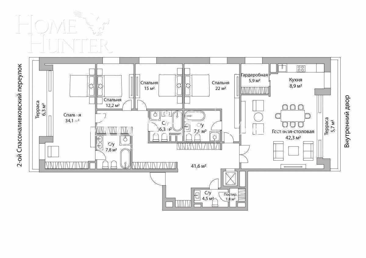 5-КОМН. ПЕНТХАУС БЕЗ ОТДЕЛКИ 266.04 М² НА 7 ЭТАЖЕ