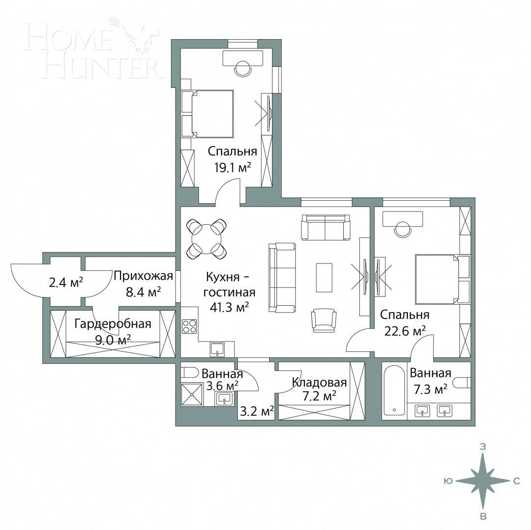 3-КОМН. КВАРТИРА БЕЗ ОТДЕЛКИ 122 М² НА 2 ЭТАЖЕ