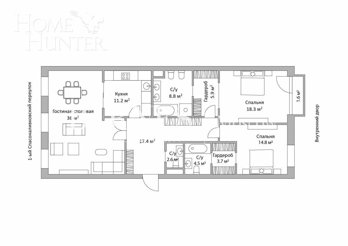 3-КОМН. КВАРТИРА БЕЗ ОТДЕЛКИ 123.95 М² НА 3 ЭТАЖЕ