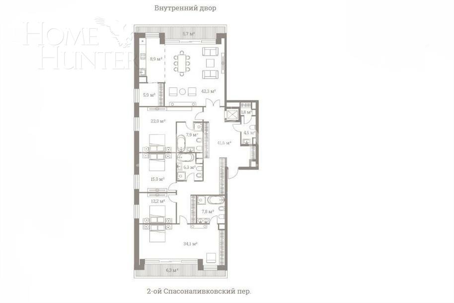 5-КОМН. ПЕНТХАУС БЕЗ ОТДЕЛКИ 213 М² НА 7 ЭТАЖЕ