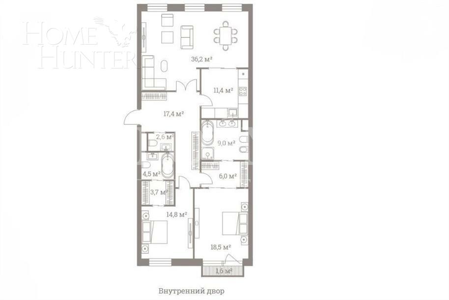 3-КОМН. КВАРТИРА БЕЗ ОТДЕЛКИ 124.85 М² НА 6 ЭТАЖЕ
