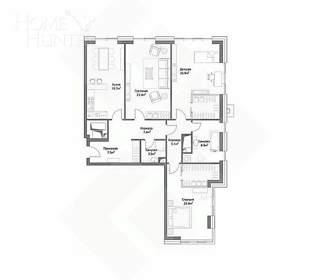 4-КОМН. КВАРТИРА БЕЗ ОТДЕЛКИ 126 М² НА 22 ЭТАЖЕ