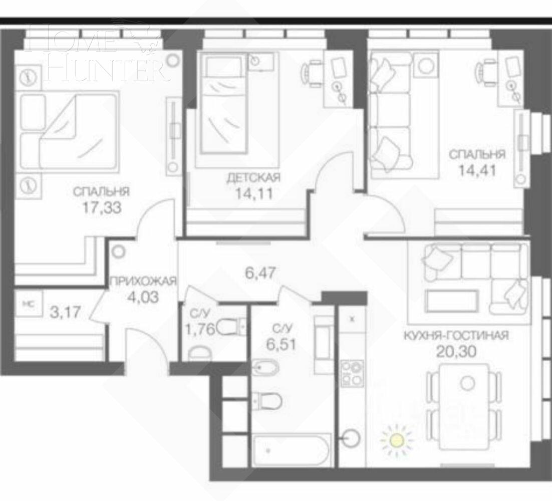 3-КОМН. КВАРТИРА БЕЗ ОТДЕЛКИ 88 М² НА 12 ЭТАЖЕ