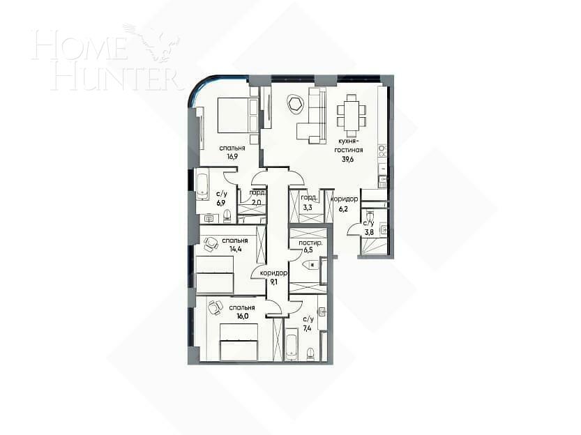 4-КОМН. КВАРТИРА БЕЗ ОТДЕЛКИ 133.3 М² НА 20 ЭТАЖЕ