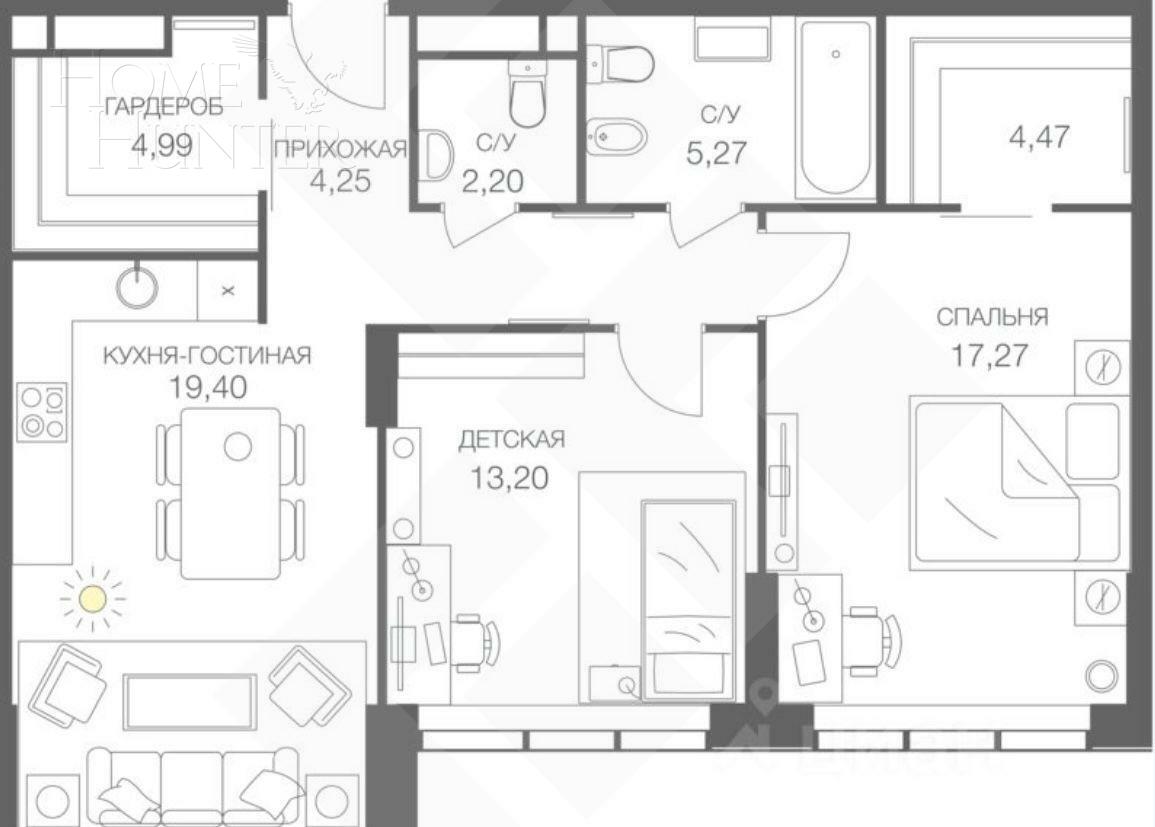 2-КОМН. КВАРТИРА БЕЗ ОТДЕЛКИ 74.8 М² НА 24 ЭТАЖЕ