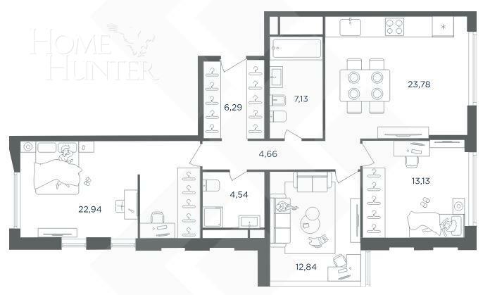 3-КОМН. КВАРТИРА БЕЗ ОТДЕЛКИ 93 М² НА 5 ЭТАЖЕ