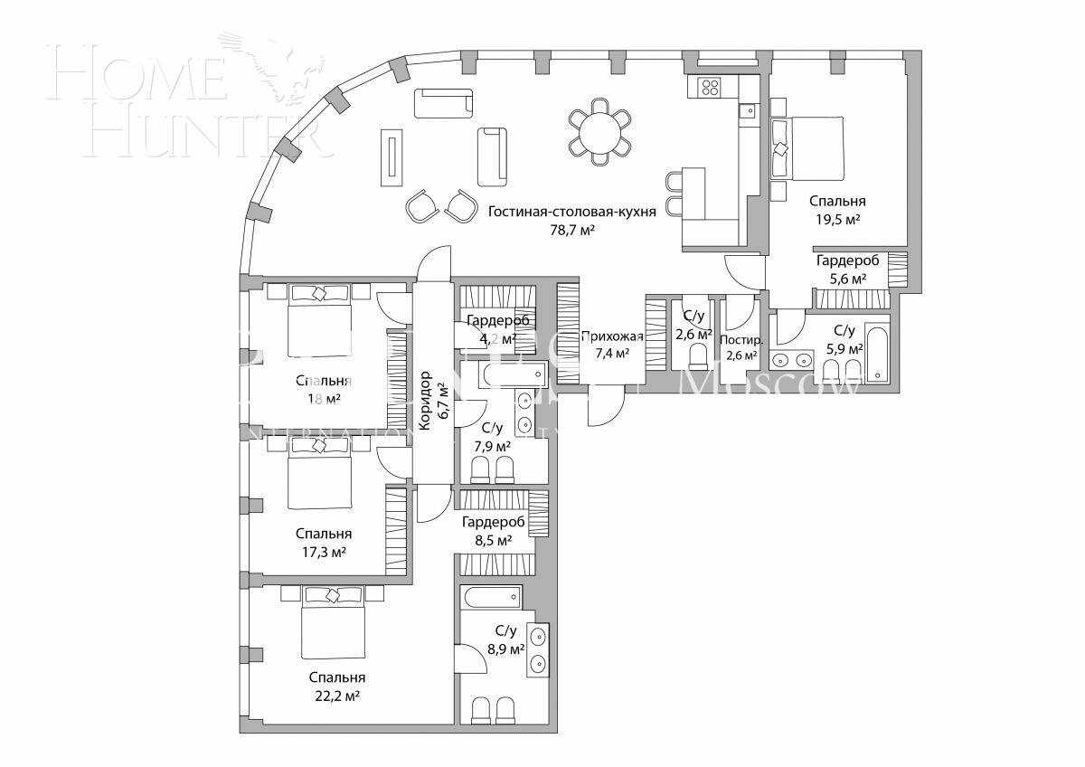 5-КОМН. АПАРТАМЕНТЫ БЕЗ ОТДЕЛКИ 216 М² НА 14 ЭТАЖЕ