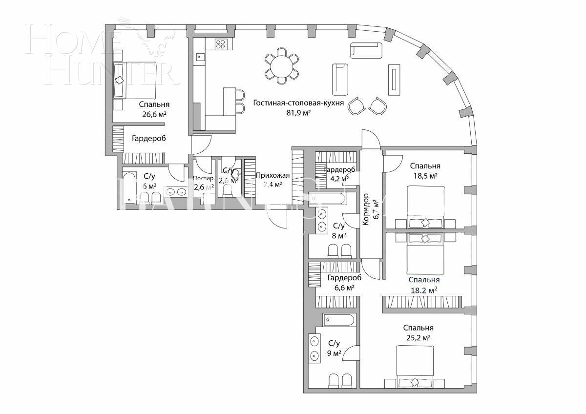 5-КОМН. АПАРТАМЕНТЫ БЕЗ ОТДЕЛКИ 223.3 М² НА 15 ЭТАЖЕ