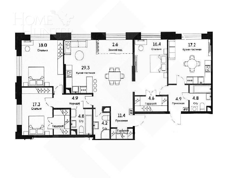 5-КОМН. ПЕНТХАУС БЕЗ ОТДЕЛКИ 143 М² НА 34 ЭТАЖЕ