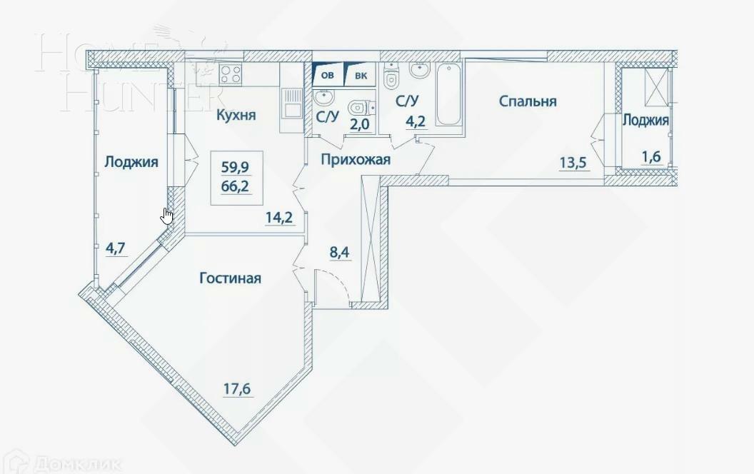 2-КОМН. КВАРТИРА БЕЗ ОТДЕЛКИ 66 М² НА 24 ЭТАЖЕ