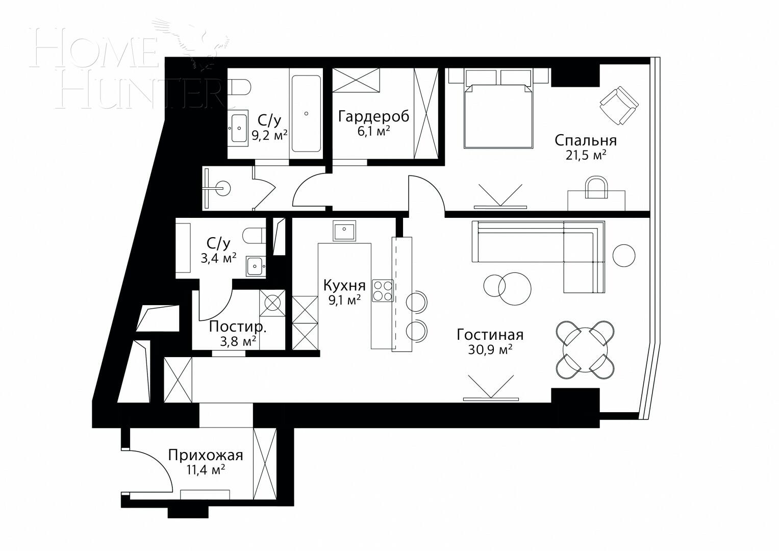 2-КОМН. АПАРТАМЕНТЫ С ОТДЕЛКОЙ 95.4 М² НА 30 ЭТАЖЕ