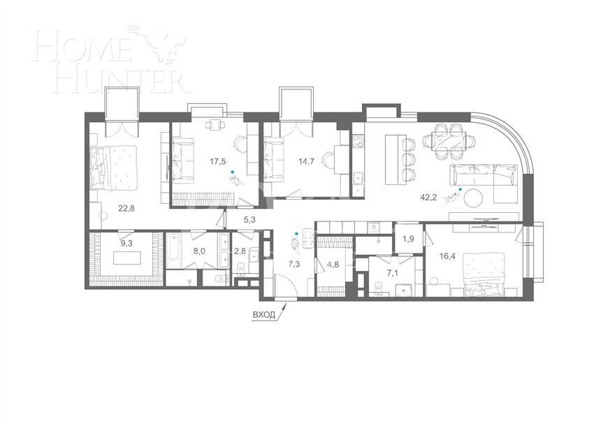 5-КОМН. КВАРТИРА С ОТДЕЛКОЙ 167.2 М² НА 7 ЭТАЖЕ