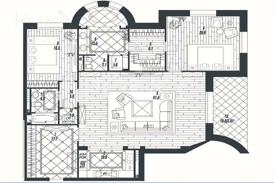 3-КОМН. КВАРТИРА С ОТДЕЛКОЙ 169.7 М² НА 1 ЭТАЖЕ