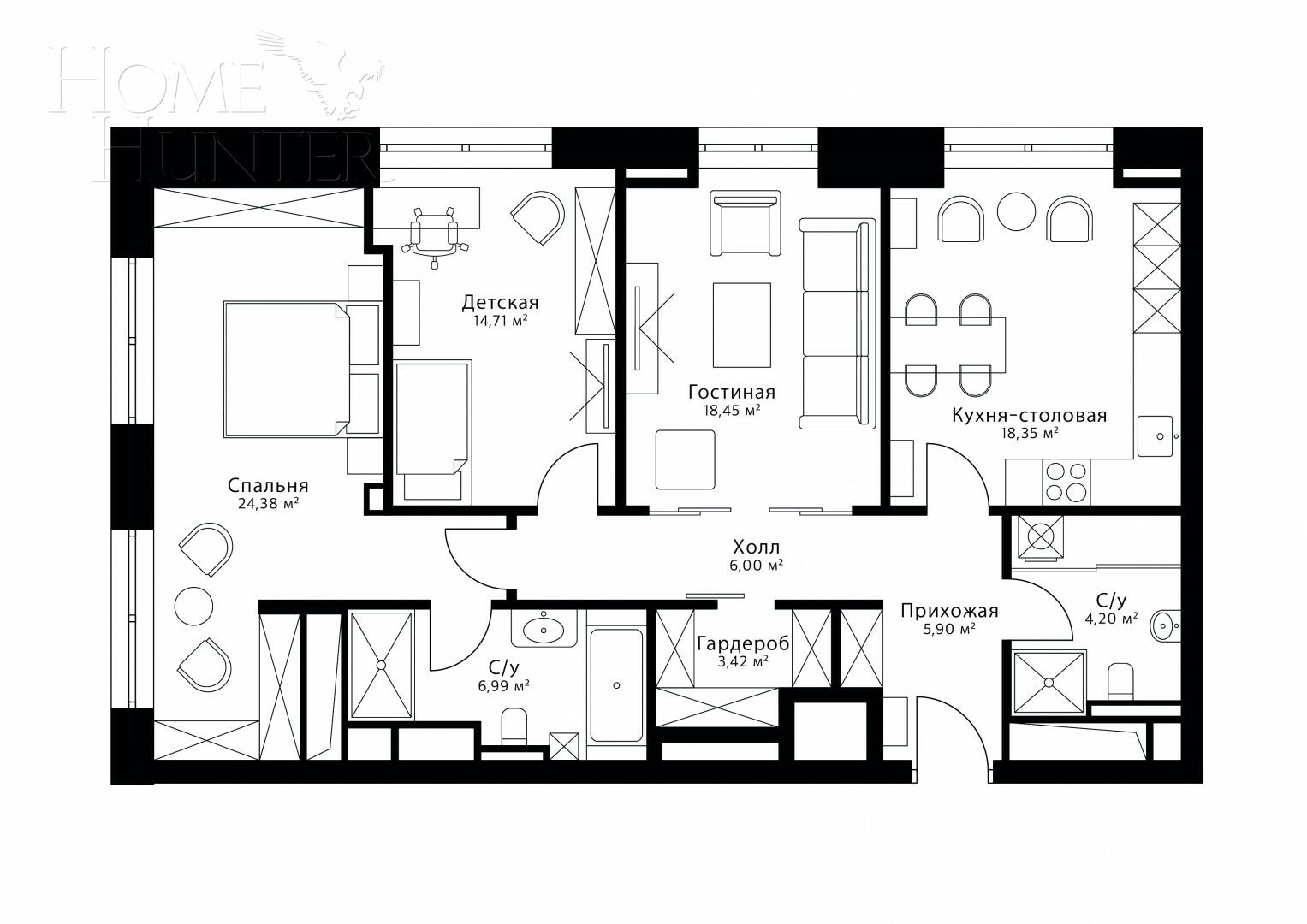 3-КОМН. КВАРТИРА С ОТДЕЛКОЙ 106.5 М² НА 24 ЭТАЖЕ