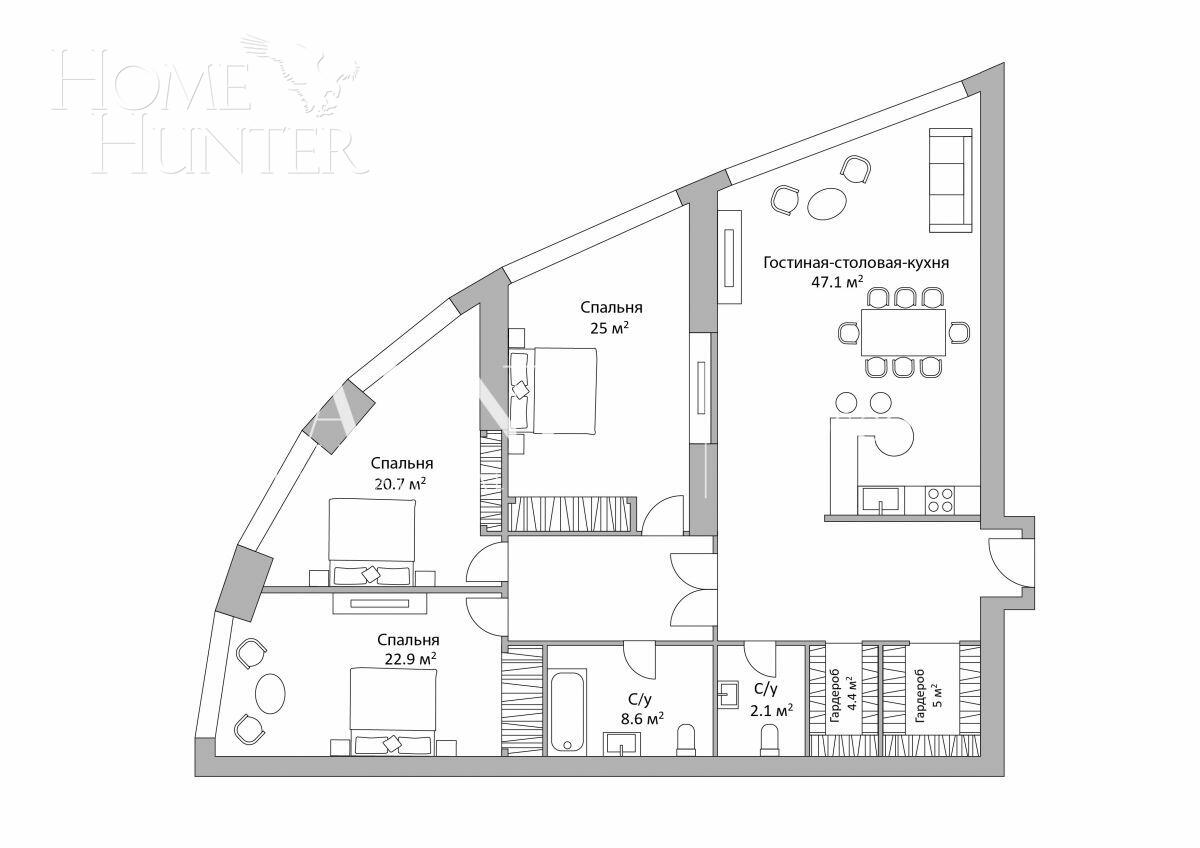 4-КОМН. КВАРТИРА БЕЗ ОТДЕЛКИ 167 М² НА 36 ЭТАЖЕ