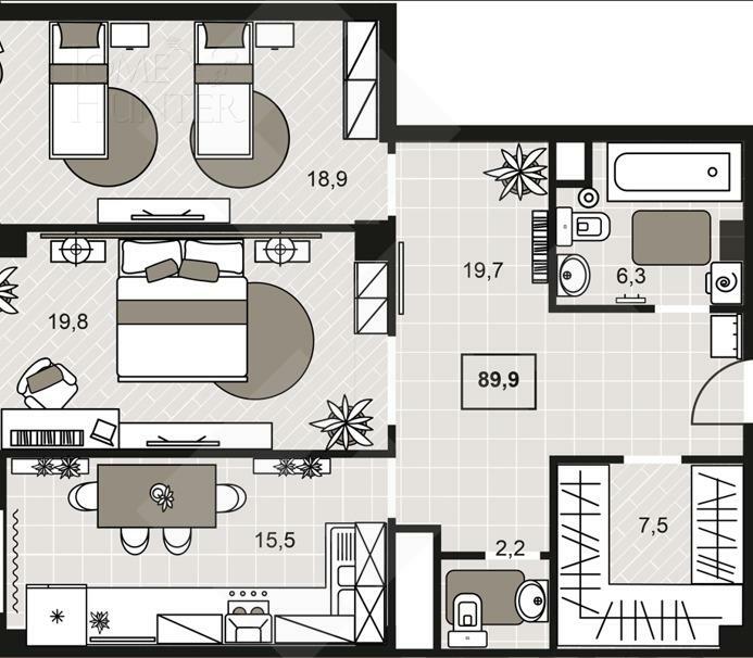 2-КОМН. КВАРТИРА БЕЗ ОТДЕЛКИ 85.6 М² НА 12 ЭТАЖЕ