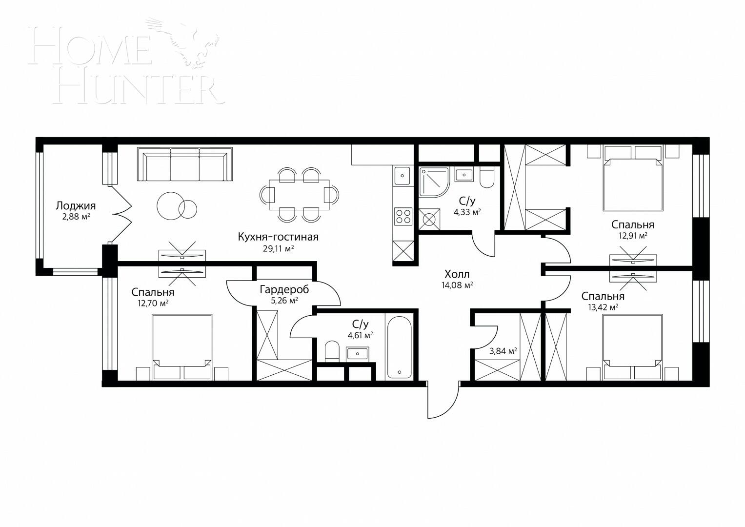 4-КОМН. КВАРТИРА БЕЗ ОТДЕЛКИ 108 М² НА 17 ЭТАЖЕ