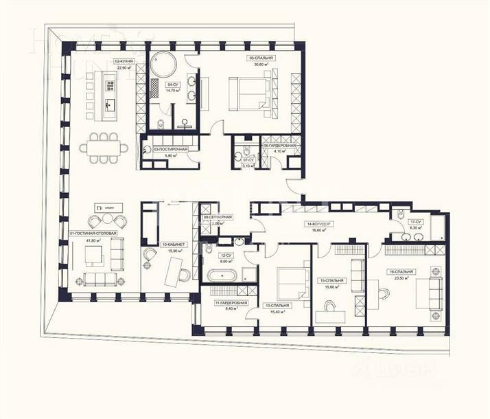 6-КОМН. АПАРТАМЕНТЫ БЕЗ ОТДЕЛКИ 261.4 М² НА 5 ЭТАЖЕ