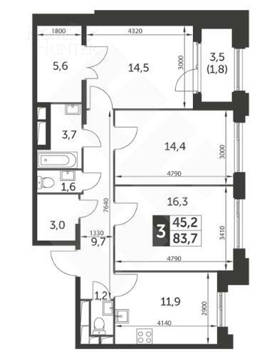 3-КОМН. КВАРТИРА БЕЗ ОТДЕЛКИ 84 М² НА 15 ЭТАЖЕ