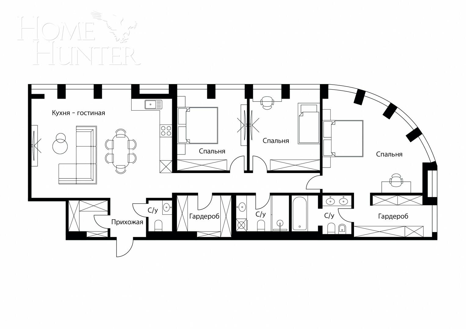 4-КОМН. АПАРТАМЕНТЫ БЕЗ ОТДЕЛКИ 141.7 М² НА 11 ЭТАЖЕ