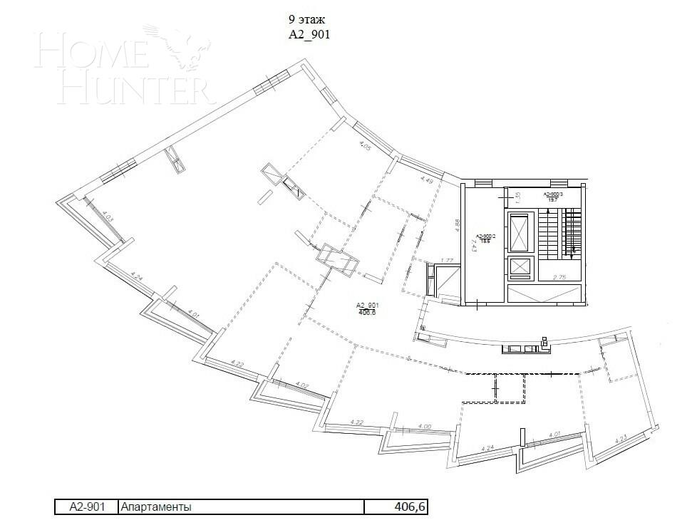 1-КОМН. АПАРТАМЕНТЫ БЕЗ ОТДЕЛКИ 406.6 М² НА 9 ЭТАЖЕ