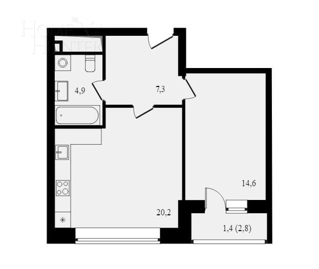 1-КОМН. КВАРТИРА БЕЗ ОТДЕЛКИ 46.7 М² НА 12 ЭТАЖЕ