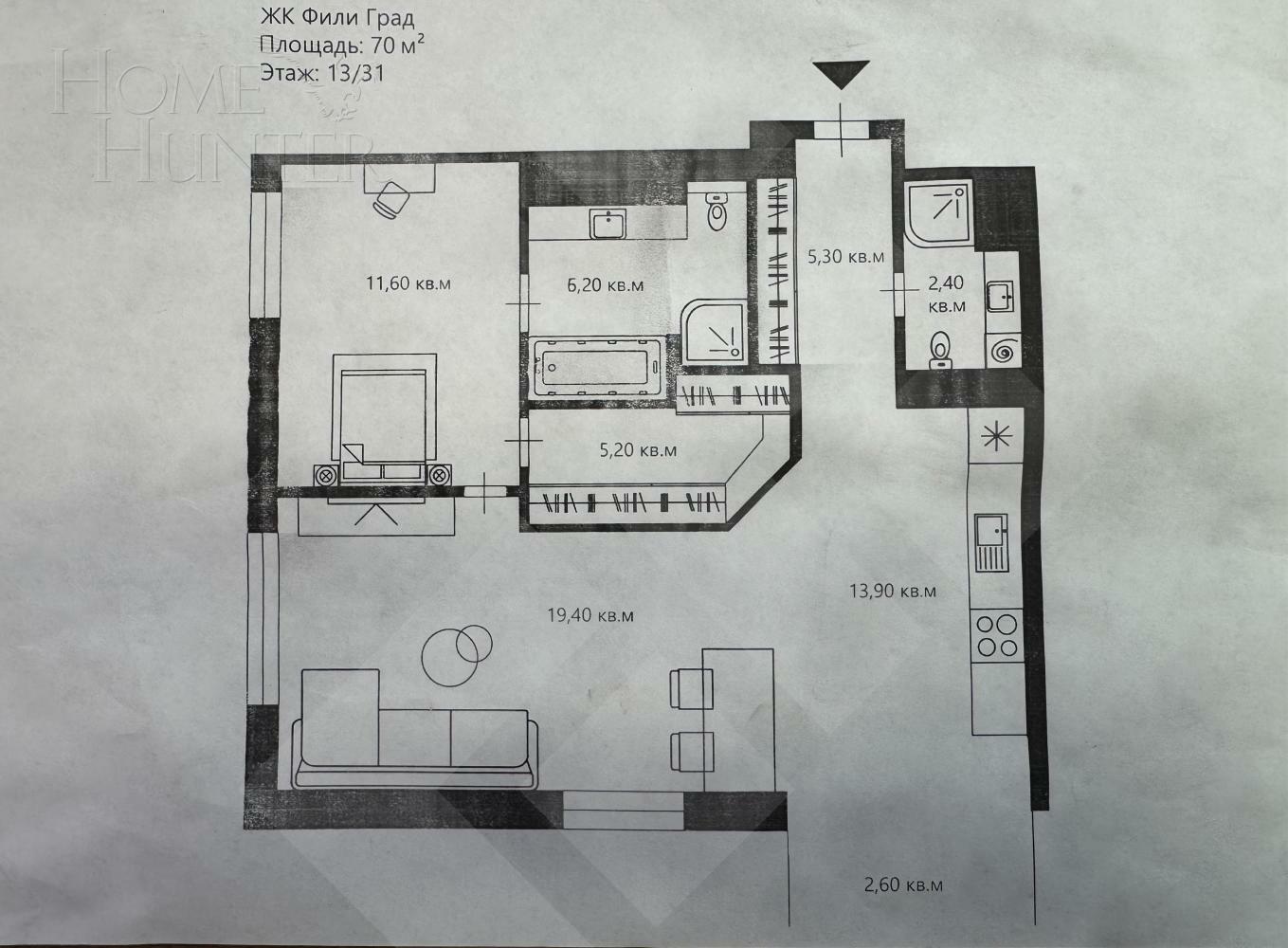 2-КОМН. КВАРТИРА С ОТДЕЛКОЙ 70 М² НА 13 ЭТАЖЕ
