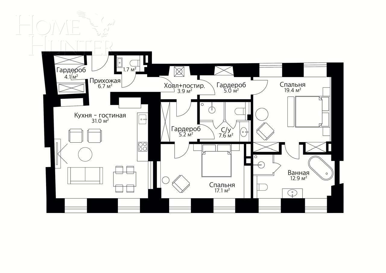 3-КОМН. КВАРТИРА БЕЗ ОТДЕЛКИ 115 М² НА 2 ЭТАЖЕ
